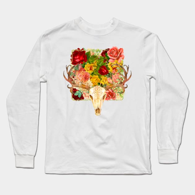 Flowered Deer Skull Long Sleeve T-Shirt by ginkelmier@gmail.com